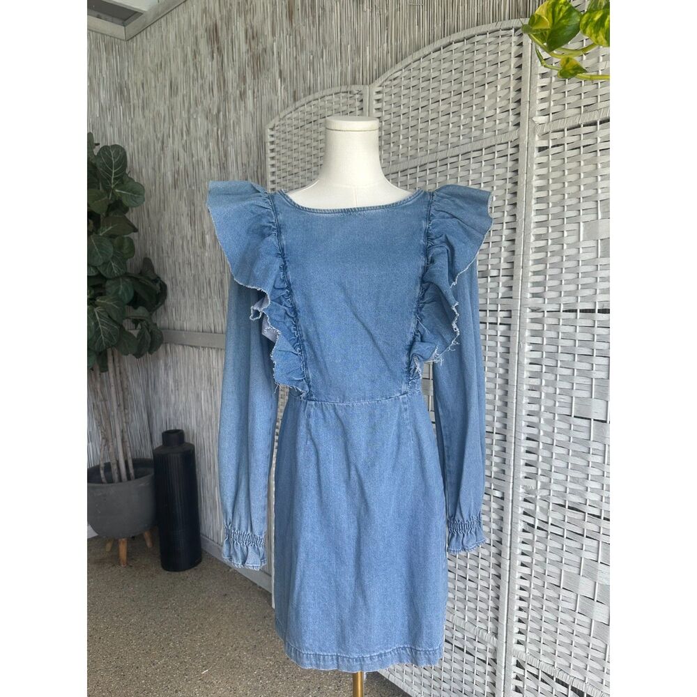 Bershka Ruffled Empire Waist Above Knee Denim Mini Dress Women's Medium M Dress